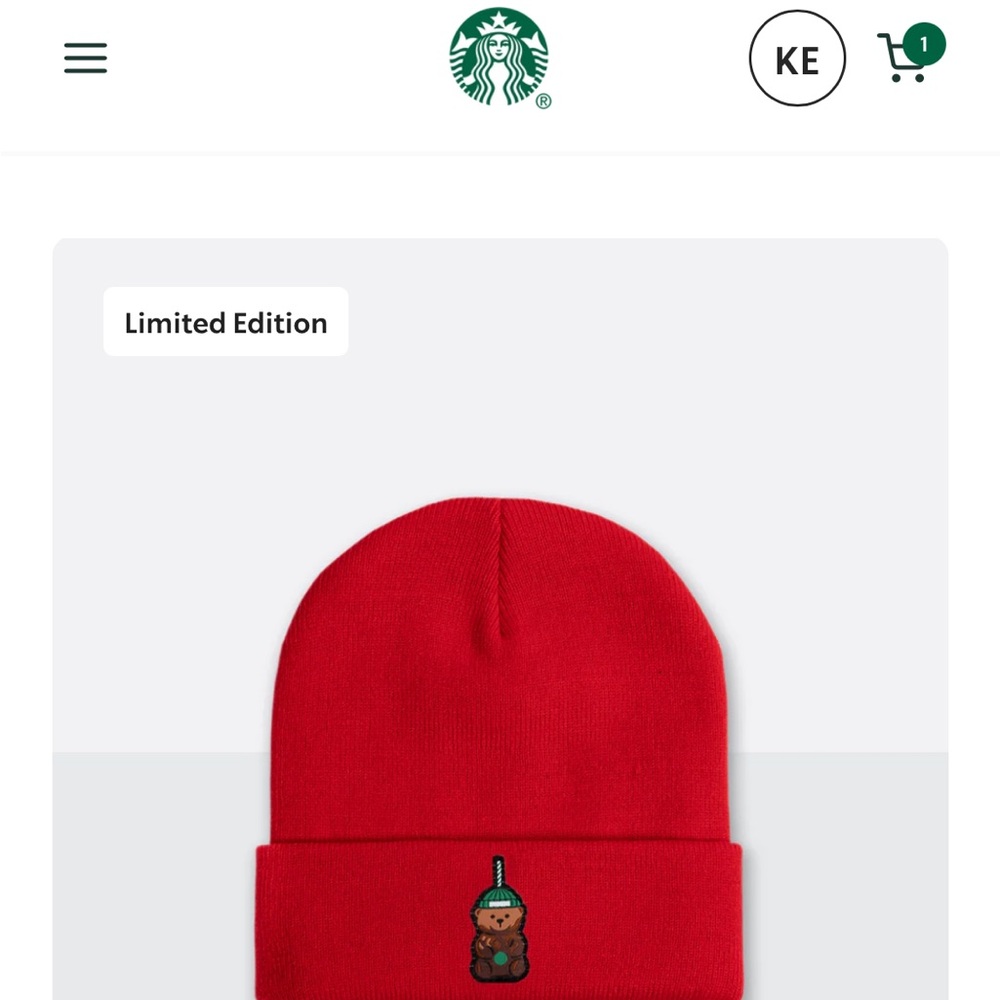 Starbucks Red Knit Beanie with Embroidered Bear